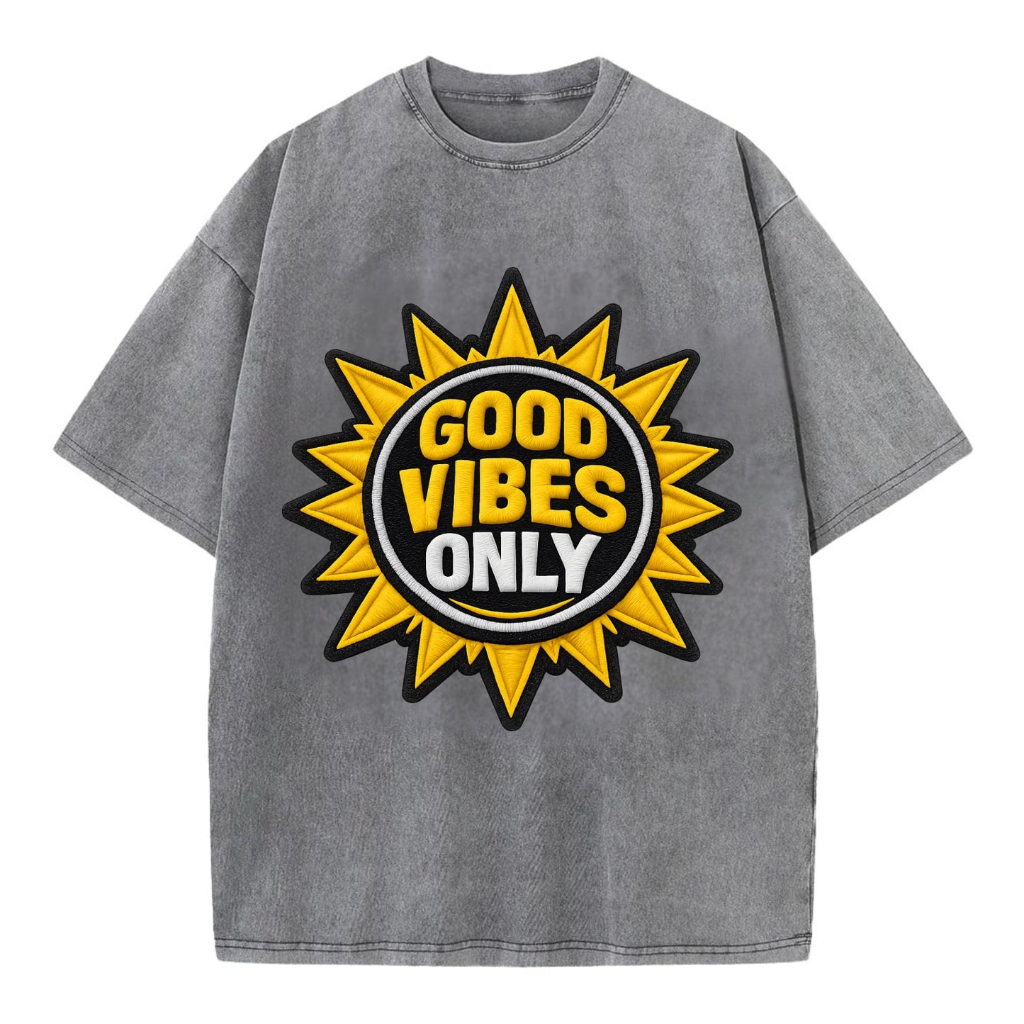 GOOD VIBES ONLY - sun with text in yellow , positive energy - Vintage T-shirt - Grey