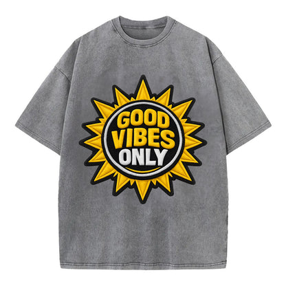 GOOD VIBES ONLY - sun with text in yellow , positive energy - Vintage T-shirt - Grey
