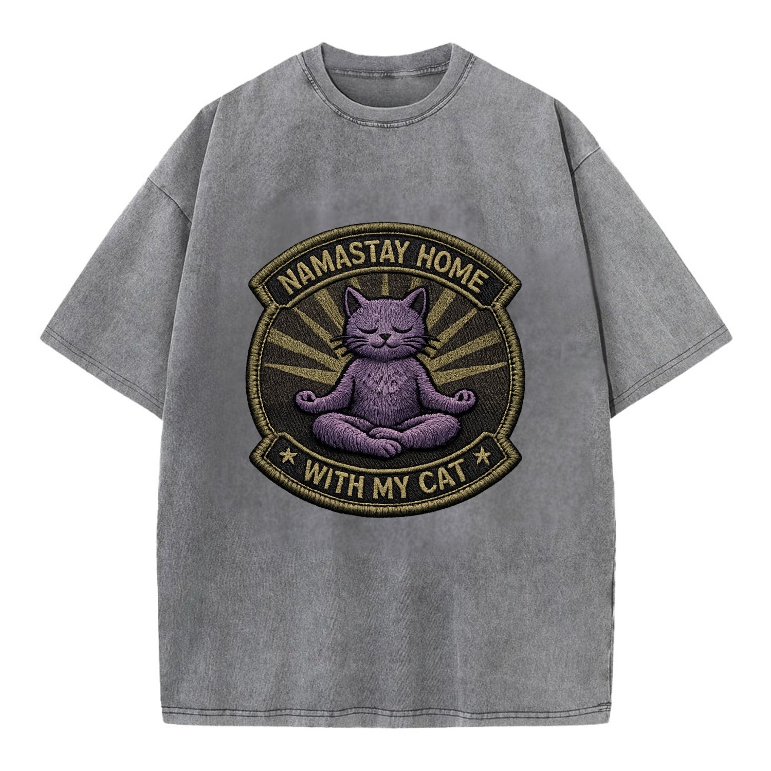 NAMASTAY HOME WITH MY CAT - yoga cat in purple , introvert cat - Vintage T-shirt - Grey