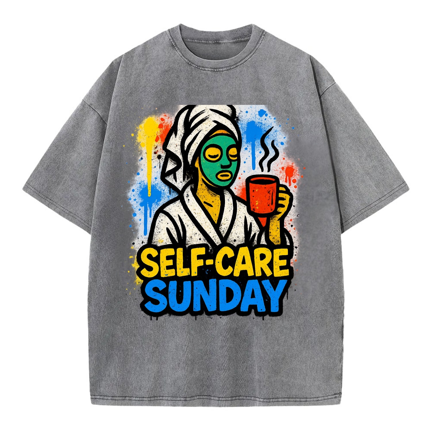 Person in bathrobe with face mask and tea - self-care Sunday ritual, wellness - Vintage T-shirt - Grey