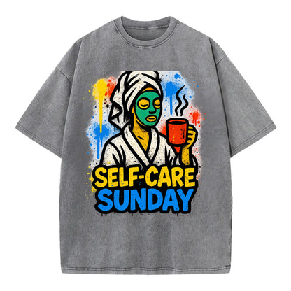 Person in bathrobe with face mask and tea - self-care Sunday ritual, wellness - Vintage T-shirt - Grey