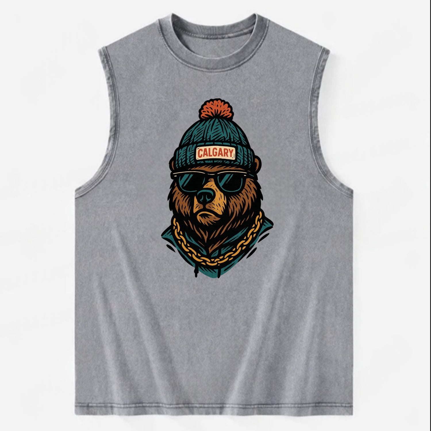 Calgary Grizzly Bear wearing Calgary beanie with pom pom and wayfarer - Vintage Washed Tank - Grey