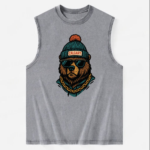 Calgary Grizzly Bear wearing Calgary beanie with pom pom and wayfarer - Vintage Washed Tank