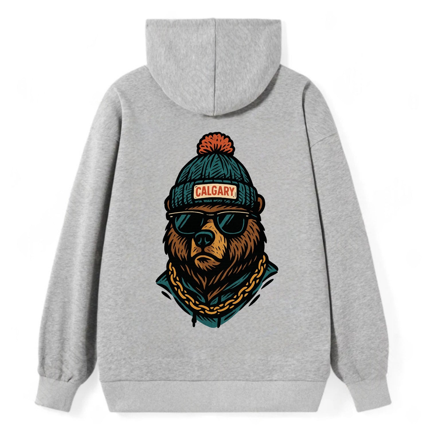 Calgary Grizzly Bear wearing Calgary beanie with pom pom and wayfarer - Classic Pullover Hoodie - Grey