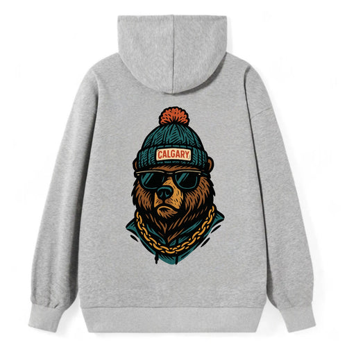Calgary Grizzly Bear wearing Calgary beanie with pom pom and wayfarer - Classic Pullover Hoodie