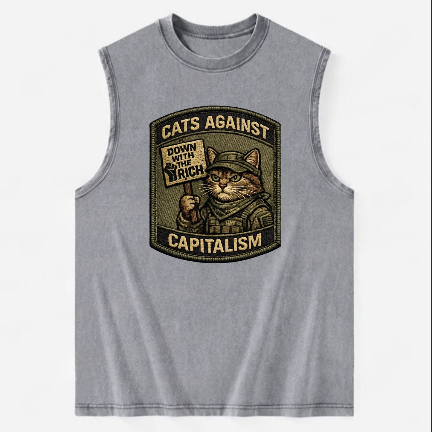 CATS AGAINST CAPITALISM - cat with protest sign in red , political cat - Vintage Washed Tank - Grey