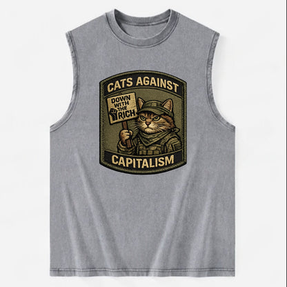 CATS AGAINST CAPITALISM - cat with protest sign in red , political cat - Vintage Washed Tank - Grey