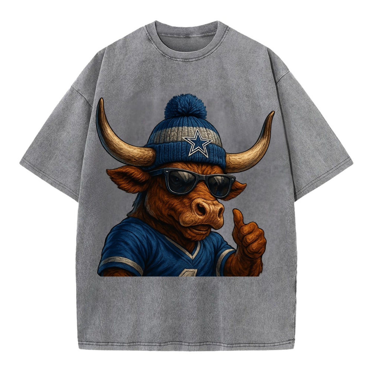 Texas Longhorn wearing Cowboys silver and blue beanie with star and wayfarer - Vintage T-shirt - Grey