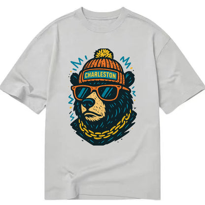 West Virginia Black Bear wearing Charleston beanie with pom pom and wayfarer - Classic T-shirt - Grey