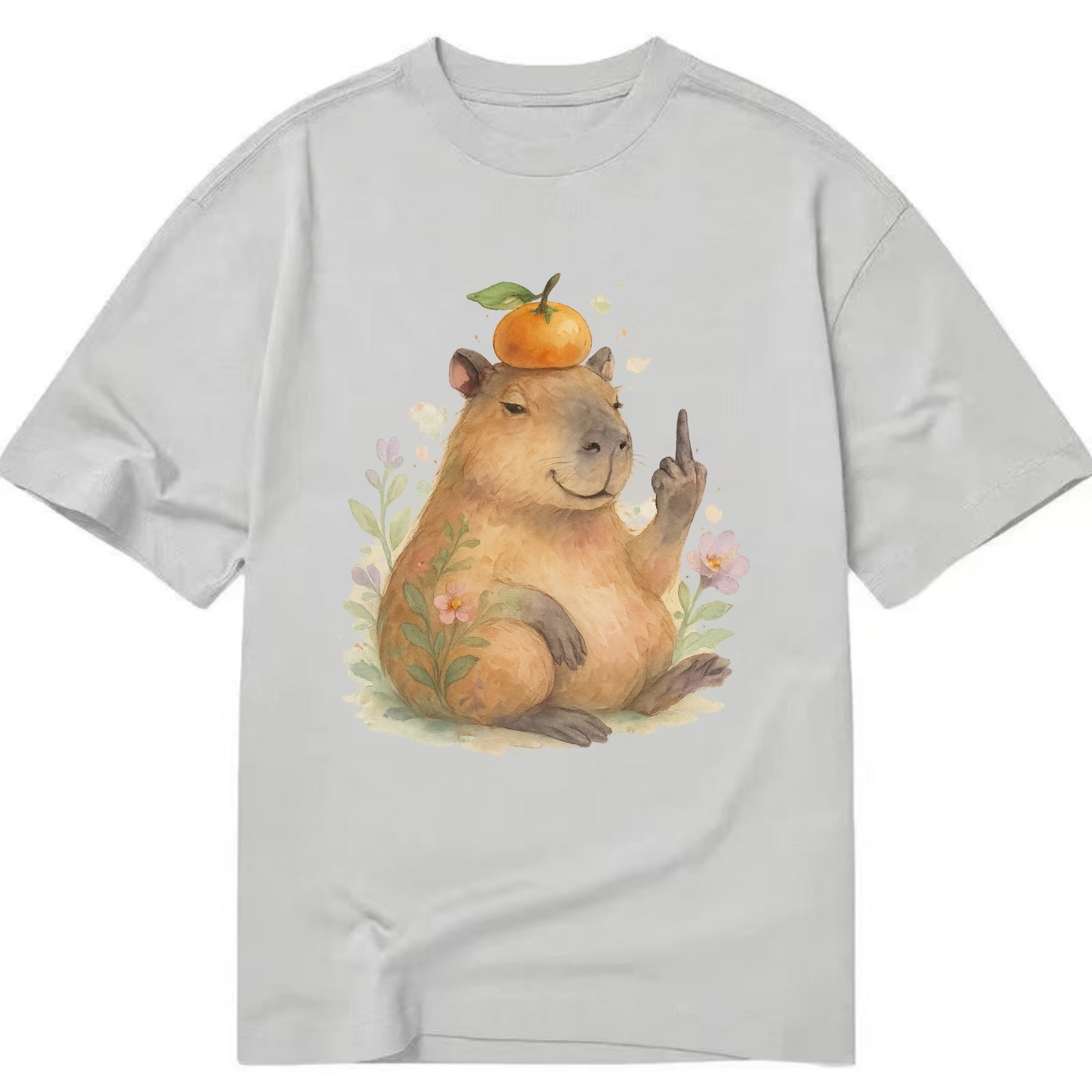 chonky capybara relaxing with orange on head, one webbed middle finger up - Classic T-shirt - Grey