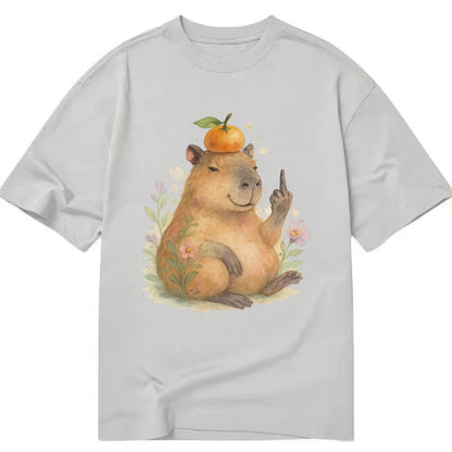 chonky capybara relaxing with orange on head, one webbed middle finger up - Classic T-shirt - Grey