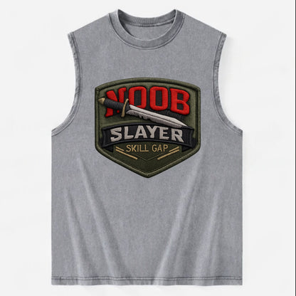 NOOB SLAYER - sword through noob text in red and silver , skill gap - Vintage Washed Tank - Grey