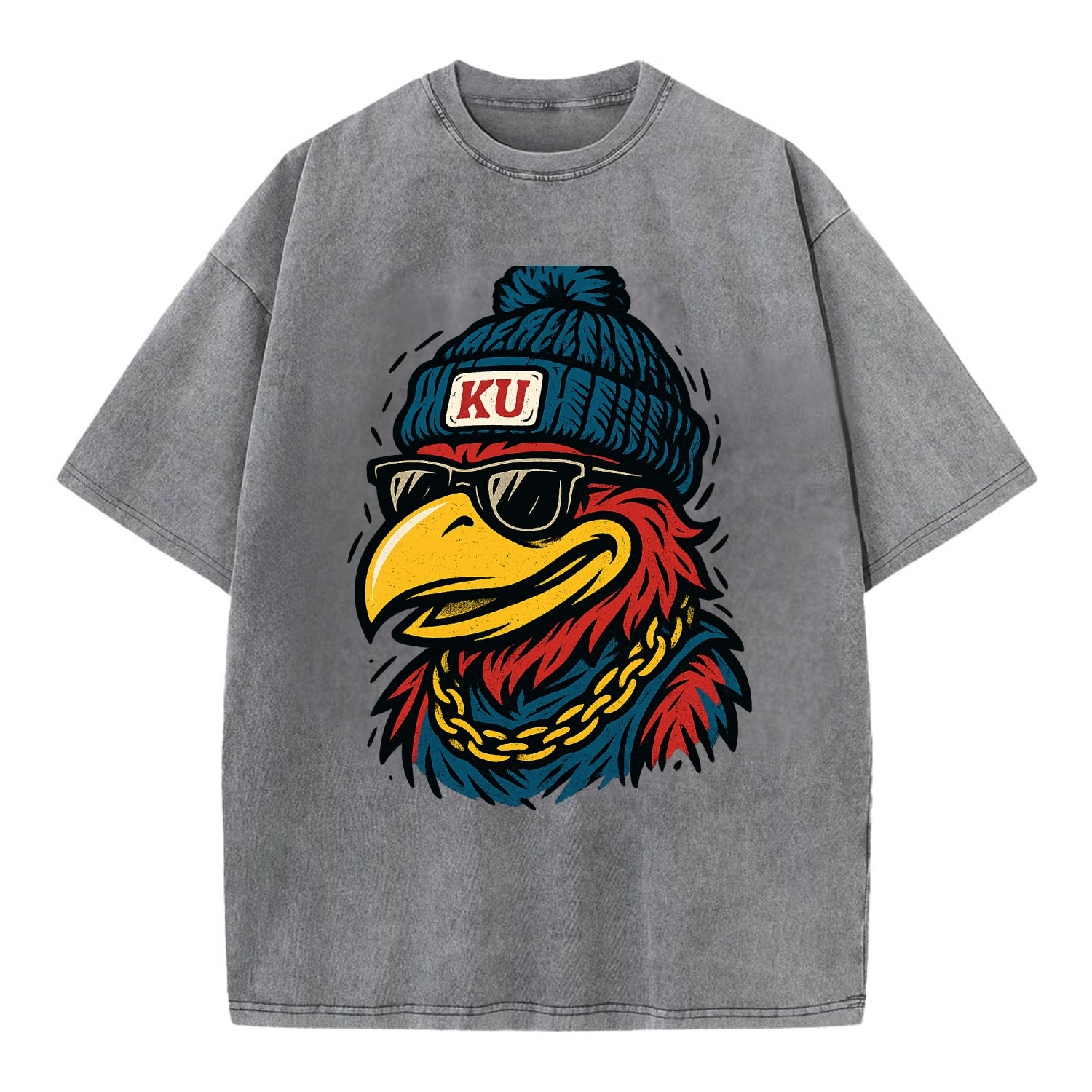 Lawrence Jayhawk wearing Kansas beanie with KU patch - Vintage T-shirt - Grey