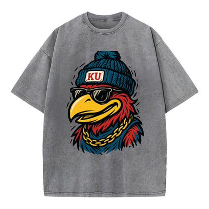 Lawrence Jayhawk wearing Kansas beanie with KU patch - Vintage T-shirt - Grey