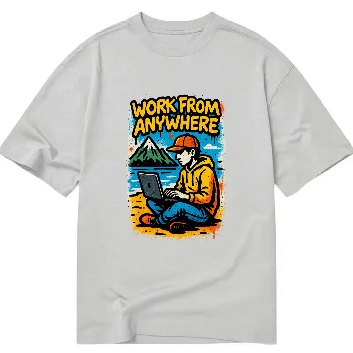 Digital nomad with laptop on beach/mountain - work from anywhere lifestyle, - Classic T-shirt - Grey