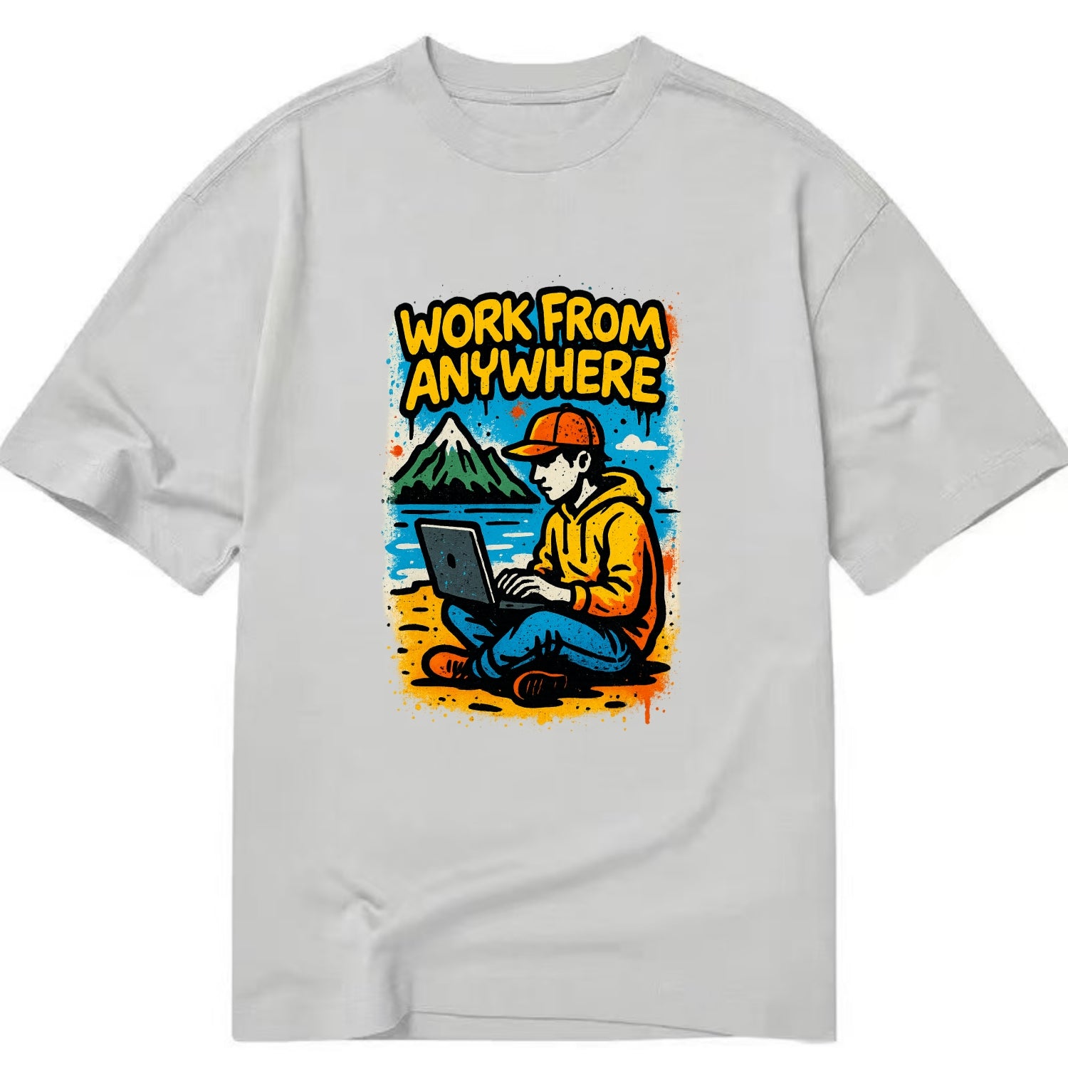 Digital nomad with laptop on beach/mountain - work from anywhere lifestyle, - Classic T-shirt - Grey