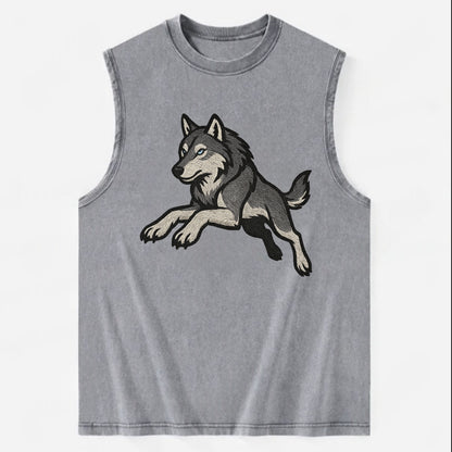 Wolf Leaping Action  - Vintage Washed Tank - Grey