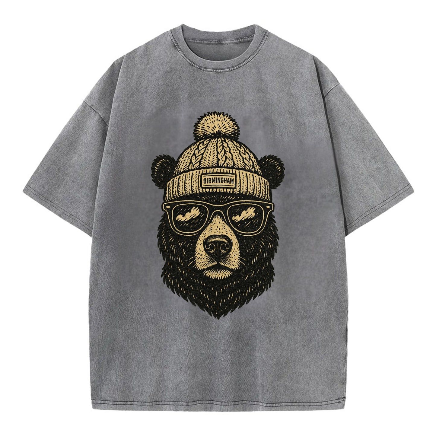 Alabama Black Bear wearing Birmingham beanie with pom pom and wayfarer sunglasses - Vintage T-shirt - Grey