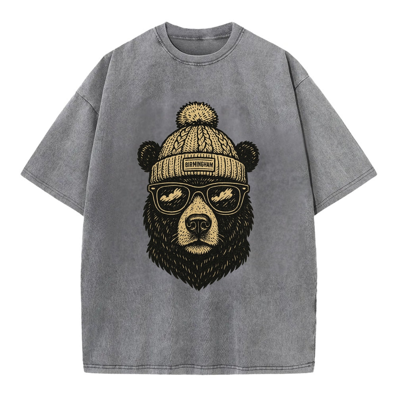Alabama Black Bear wearing Birmingham beanie with pom pom and wayfarer sunglasses - Vintage T-shirt - Grey