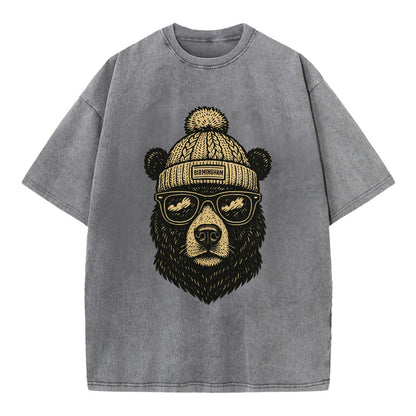 Alabama Black Bear wearing Birmingham beanie with pom pom and wayfarer sunglasses - Vintage T-shirt - Grey