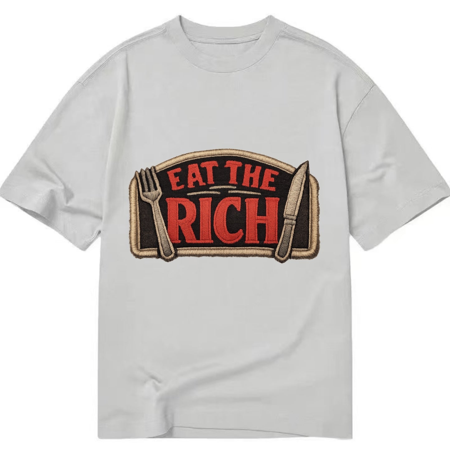 EAT THE RICH - fork and knife with text in red and silver , class war - Classic T-shirt - Grey