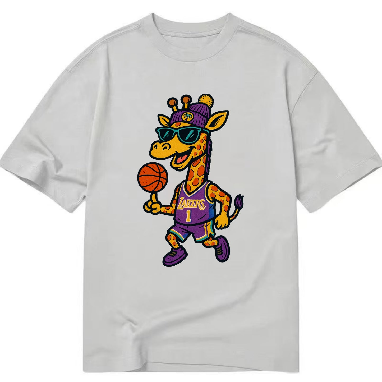 California Giraffe wearing Lakers beanie with palm tree patch and wayfarer - Classic T-shirt - Grey