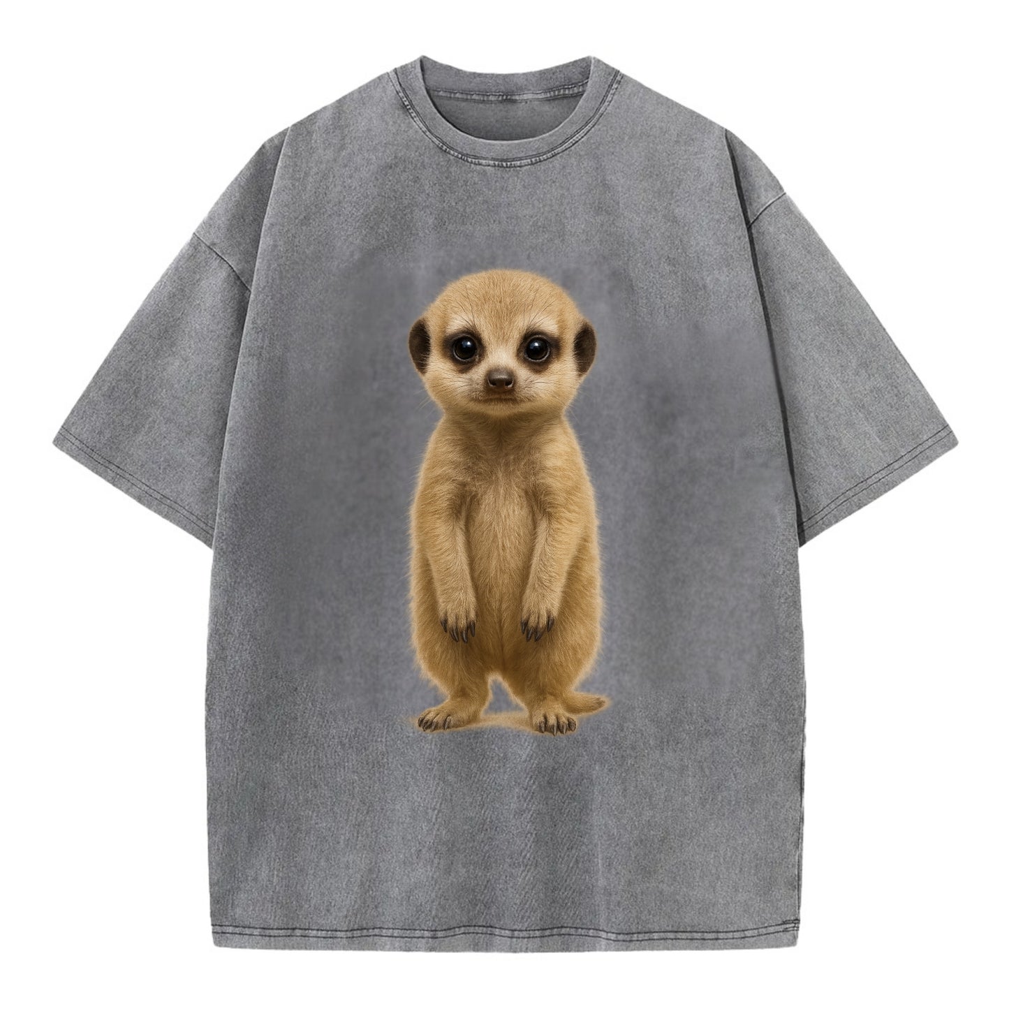 Baby Meerkat - tan fur, dark eye patches, alert stance, bright eyes, - Vintage T-shirt - Grey