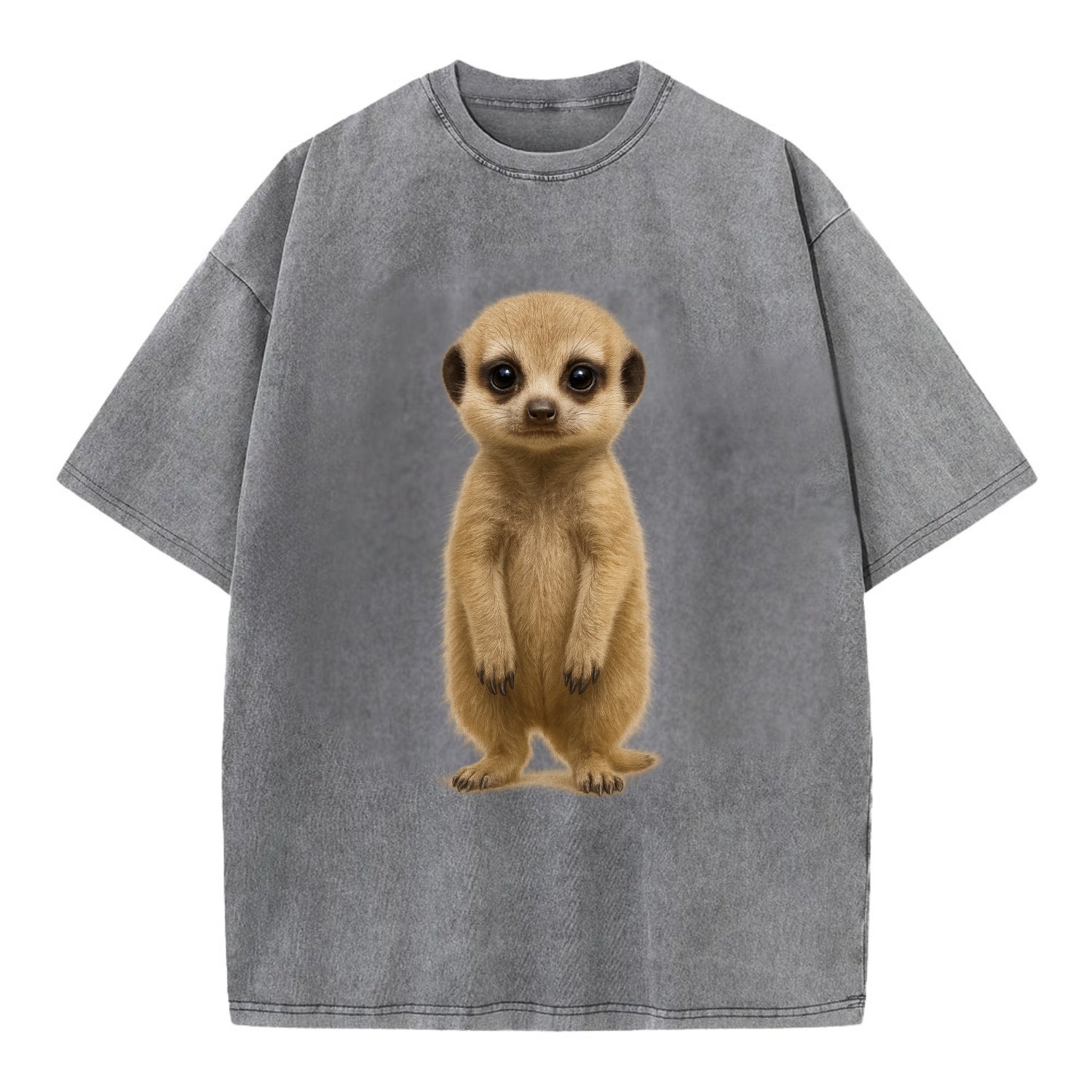 Baby Meerkat - tan fur, dark eye patches, alert stance, bright eyes, - Vintage T-shirt - Grey
