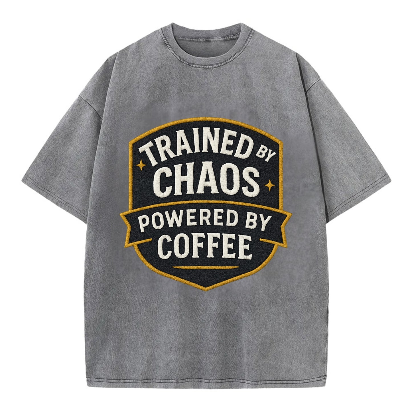 Trained by chaos, powered by coffee - Vintage T-shirt - Grey