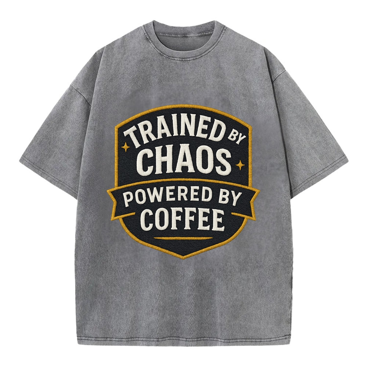 Trained by chaos, powered by coffee - Vintage T-shirt - Grey