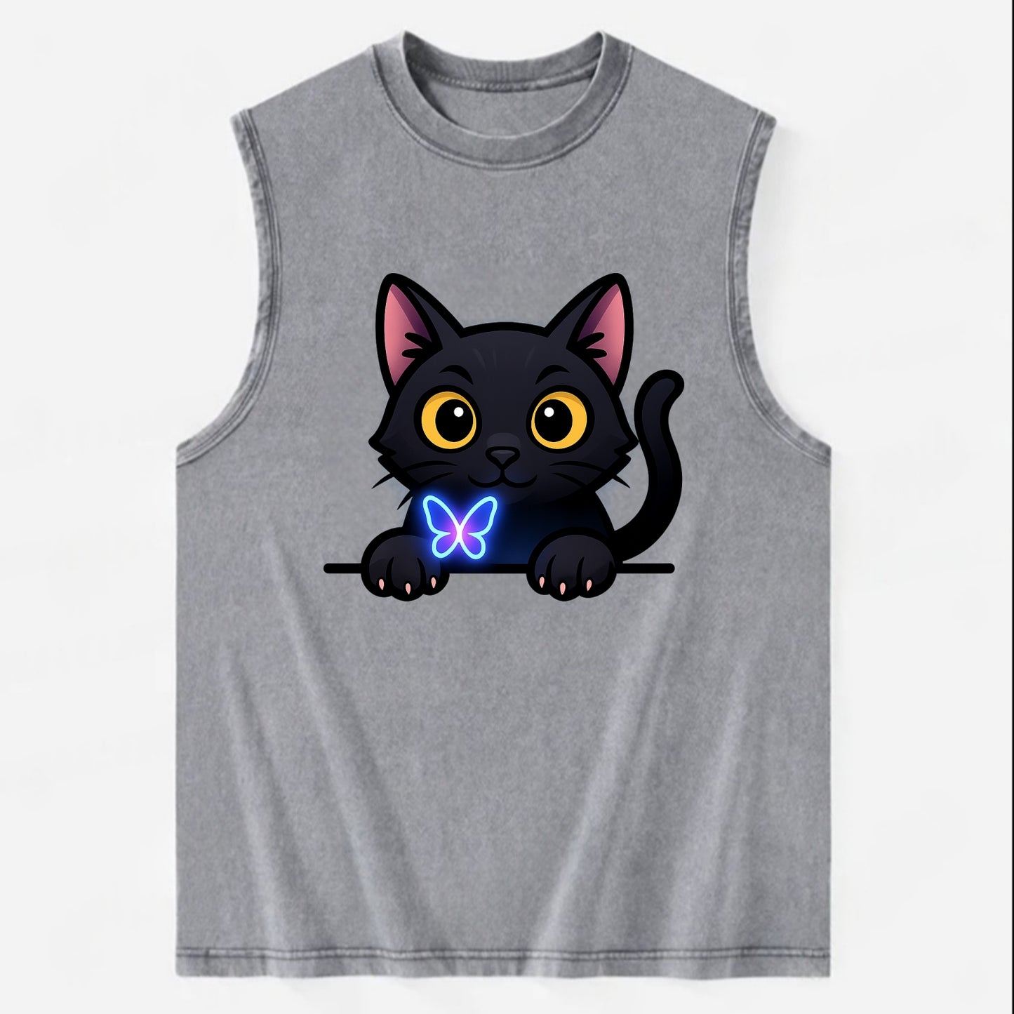 Midnight the black cat blowing a glossy bubblegum bubble while peeking. - Vintage Washed Tank - Grey
