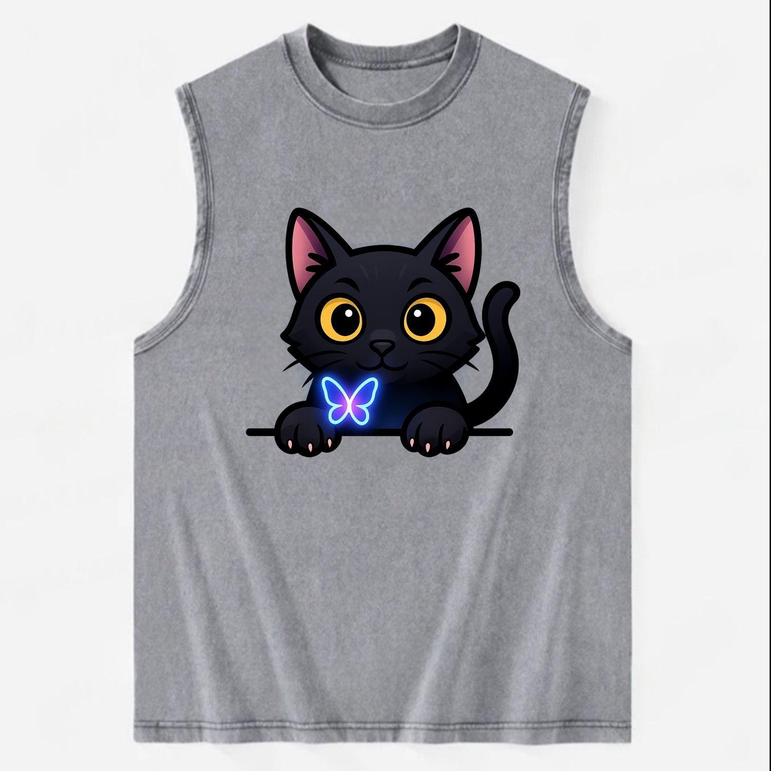 Midnight the black cat blowing a glossy bubblegum bubble while peeking. - Vintage Washed Tank - Grey