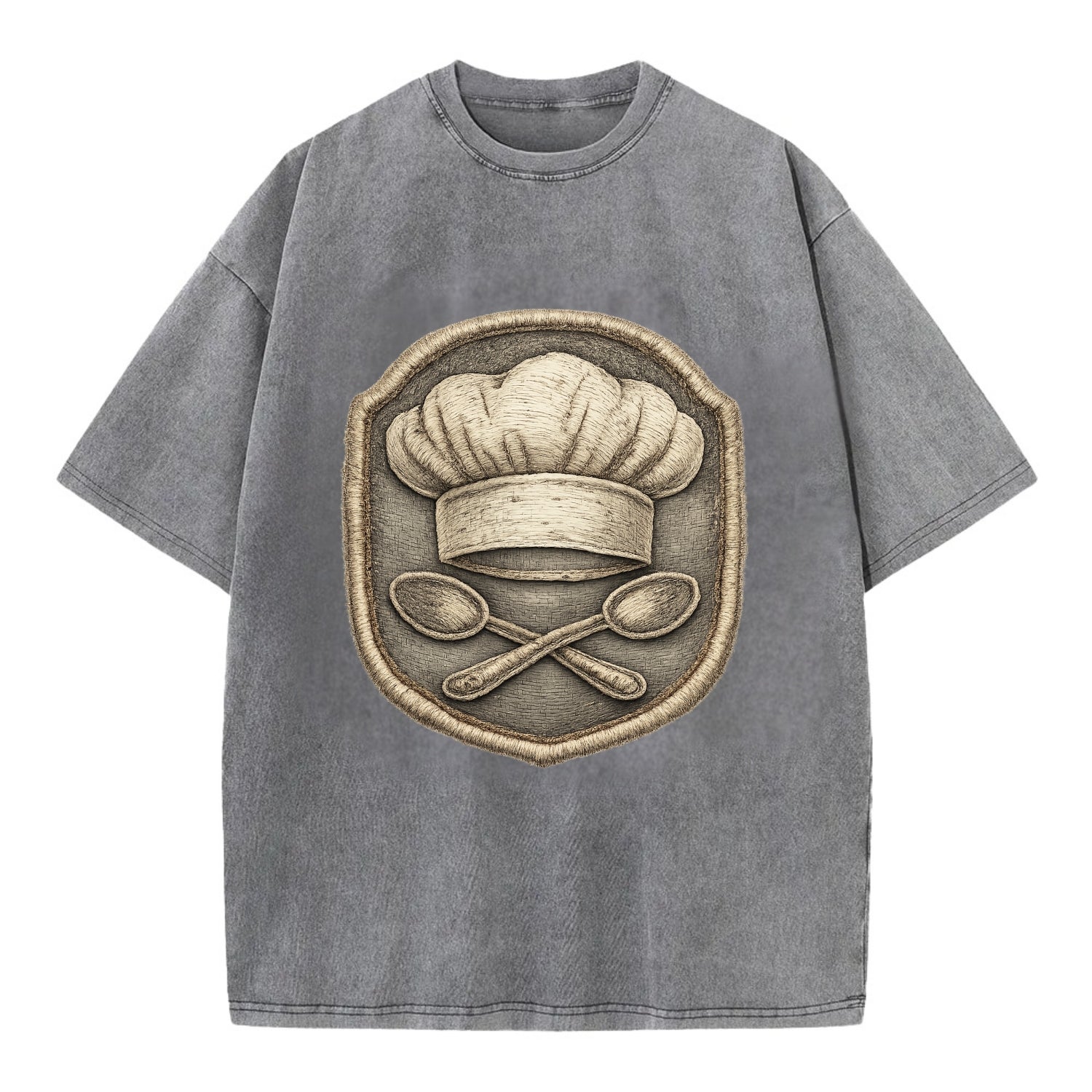 Embroidered patch design - COOKING CHEF HAT - toque blanche with crossed spoons - Vintage T-shirt - Grey