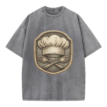 Embroidered patch design - COOKING CHEF HAT - toque blanche with crossed spoons - Vintage T-shirt - Grey