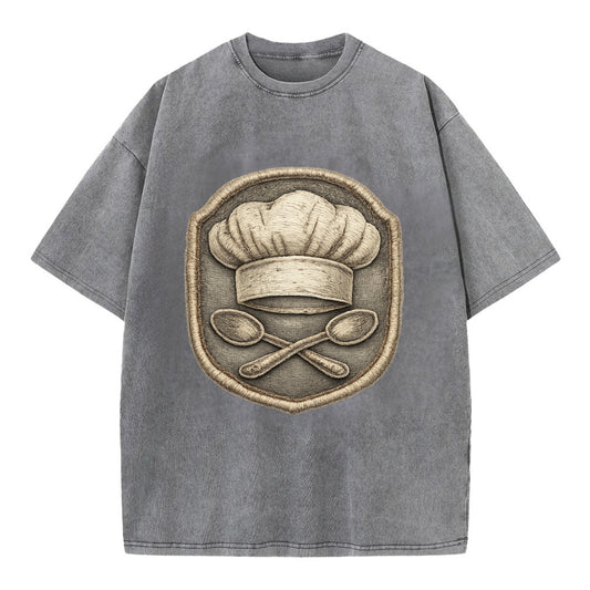 Embroidered patch design - COOKING CHEF HAT - toque blanche with crossed spoons - Vintage T-shirt - Grey