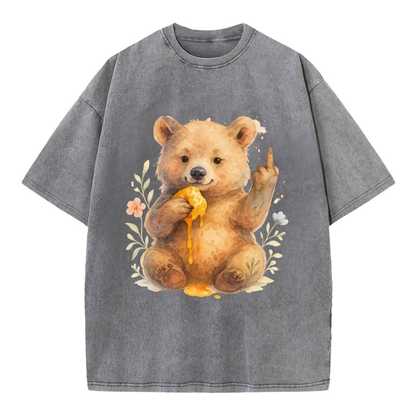 chubby bear cub eating dripping honey, sticky paw up with middle finger - Vintage T-shirt - Grey