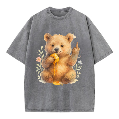 chubby bear cub eating dripping honey, sticky paw up with middle finger - Vintage T-shirt - Grey