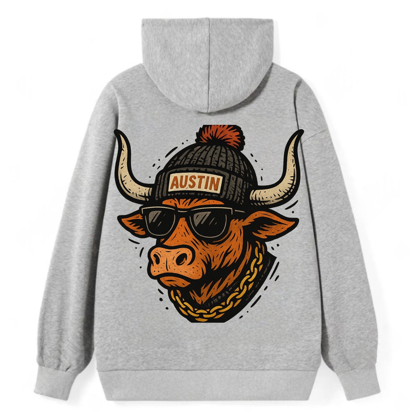 Texas Longhorn wearing Austin beanie with pom pom and wayfarer sunglasses - Classic Pullover Hoodie - Grey