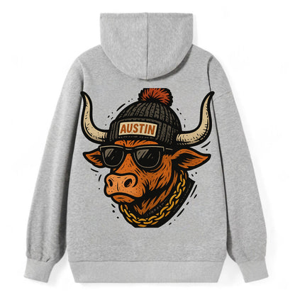Texas Longhorn wearing Austin beanie with pom pom and wayfarer sunglasses - Classic Pullover Hoodie - Grey