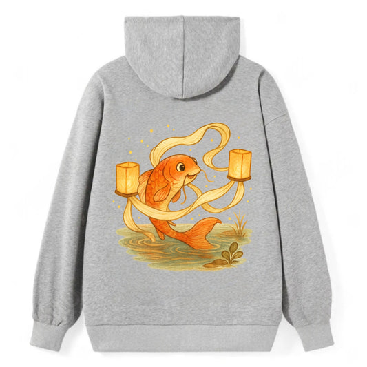 Koi weaving silk streamers through floating lanterns on tranquil water - Classic Pullover Hoodie - Grey