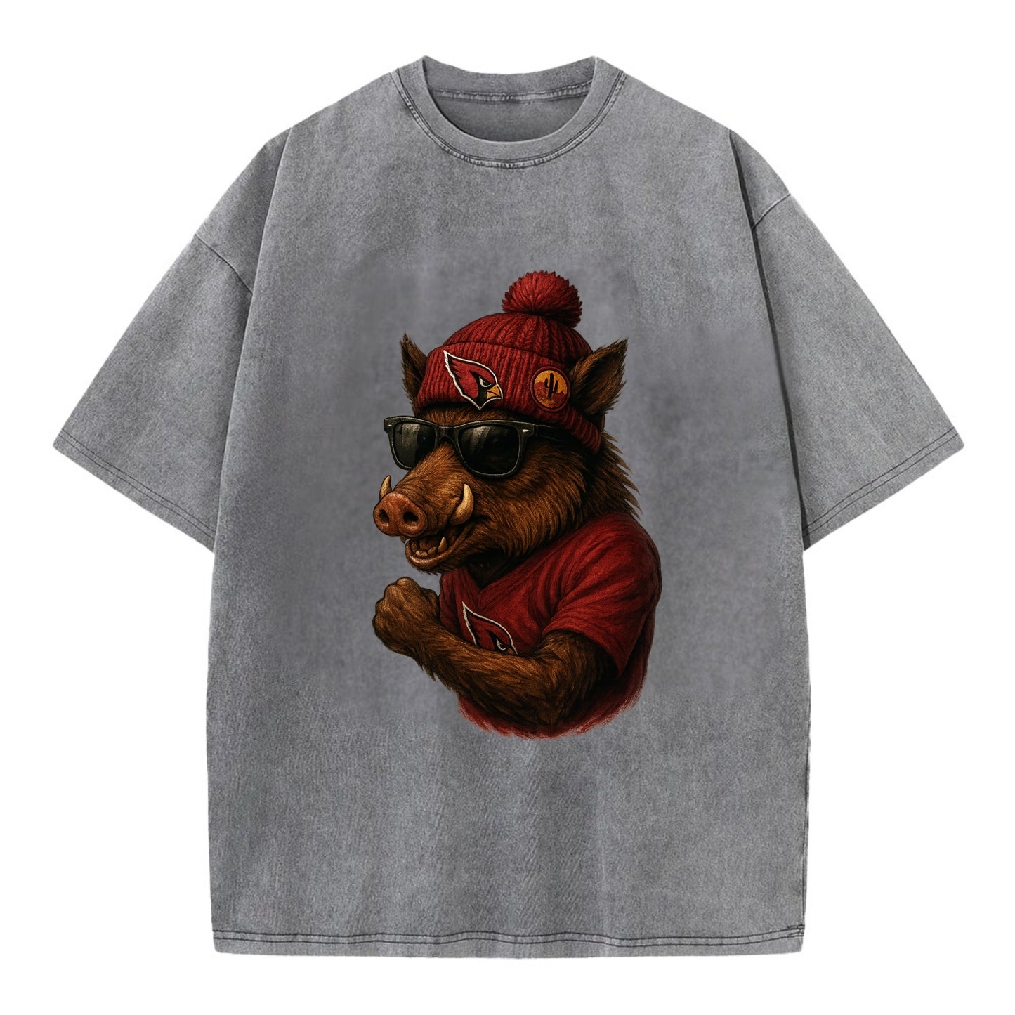 Arizona Javelina wearing Cardinals beanie with desert patch and wayfarer - Vintage T-shirt - Grey