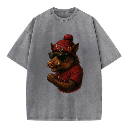 Arizona Javelina wearing Cardinals beanie with desert patch and wayfarer - Vintage T-shirt - Grey