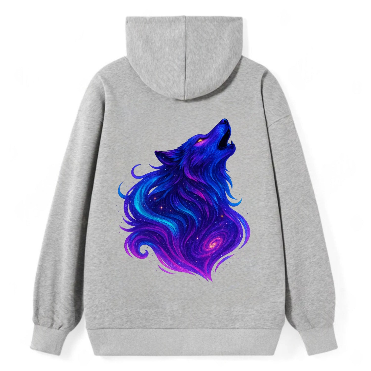 Noble wolf with flowing fur that transforms into aurora borealis streams, - Classic Pullover Hoodie - Grey