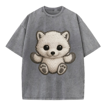 Baby Arctic Fox - white fluffy, tiny black nose, bright curious eyes, - Vintage T-shirt - Grey