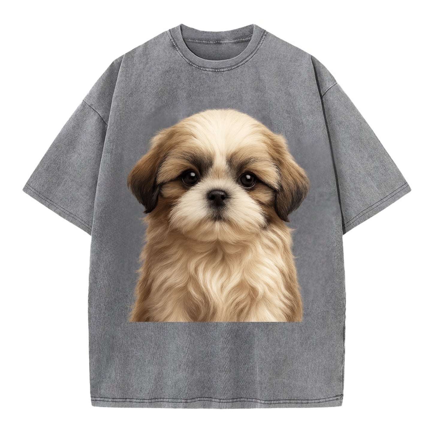 Baby Shih Tzu Puppy - long flowing coat, flat face, big dark eyes, front-facing, - Vintage T-shirt - Grey