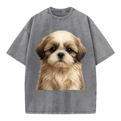 Baby Shih Tzu Puppy - long flowing coat, flat face, big dark eyes, front-facing, - Vintage T-shirt - Grey