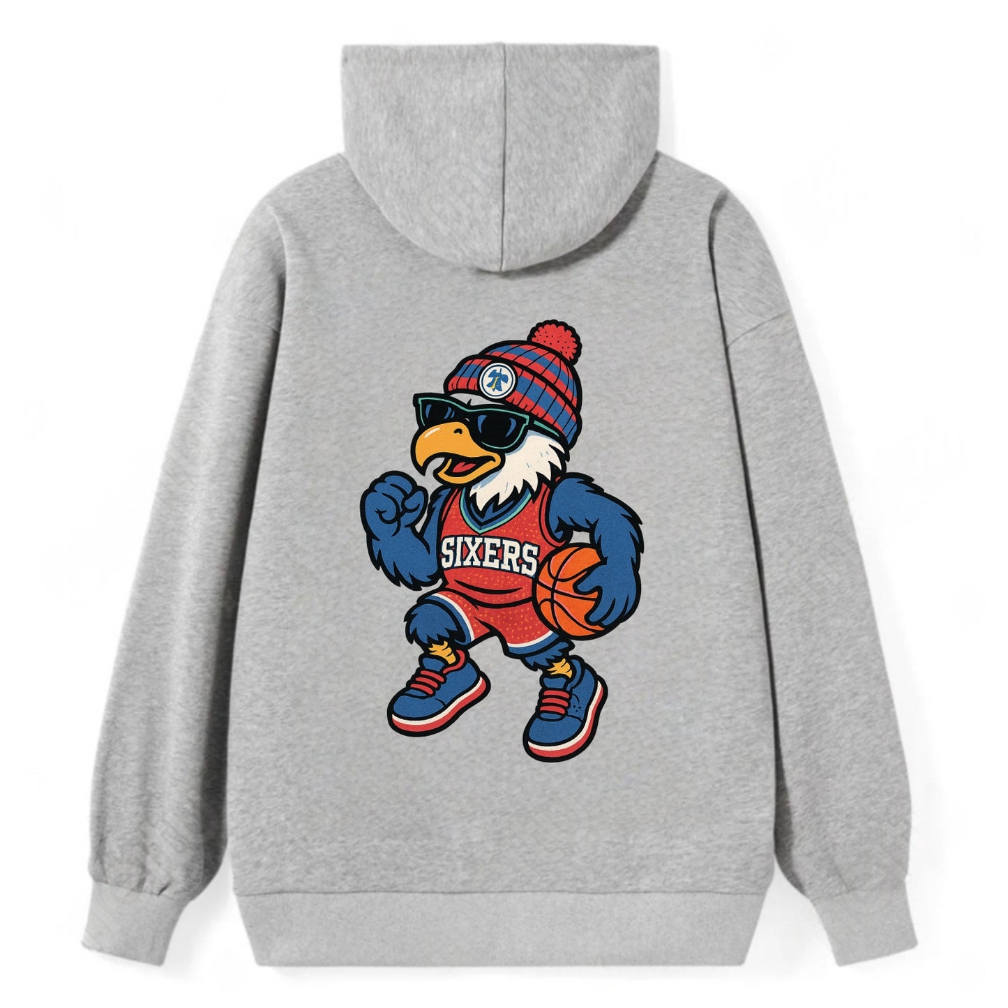 Philadelphia Eagle wearing 76ers red white and blue beanie with bell - Classic Pullover Hoodie - Grey
