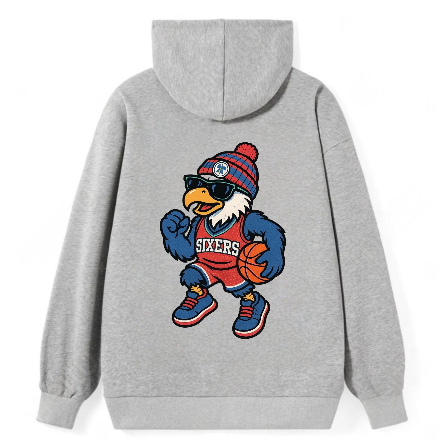 Philadelphia Eagle wearing 76ers red white and blue beanie with bell - Classic Pullover Hoodie - Grey