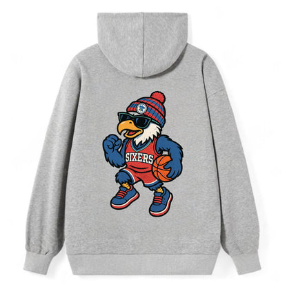 Philadelphia Eagle wearing 76ers red white and blue beanie with bell - Classic Pullover Hoodie - Grey
