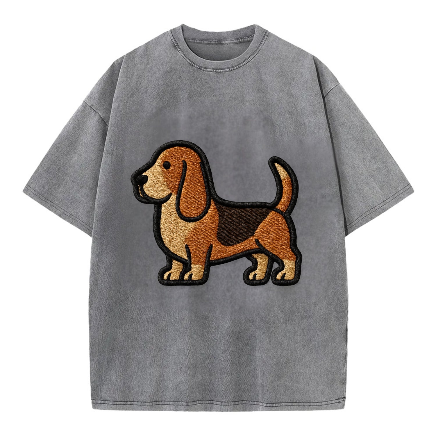 Basset Hound - Trendy low-rider design with prominent black outline - Vintage T-shirt - Grey